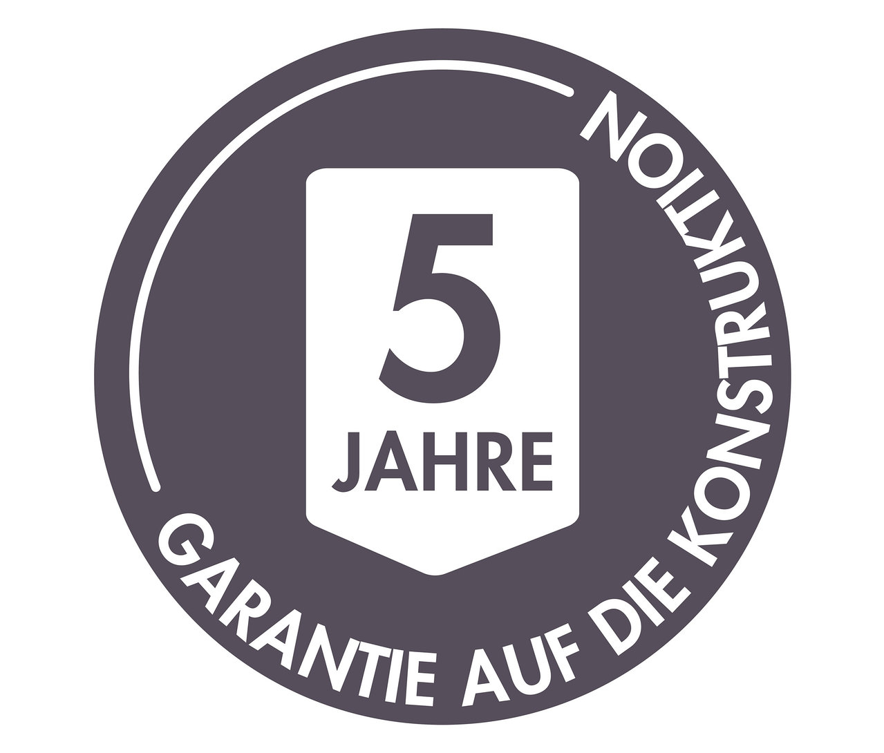Logo mit dem Text "5 JAHRE GARANTIE AUF DIE KONSTRUKTION".