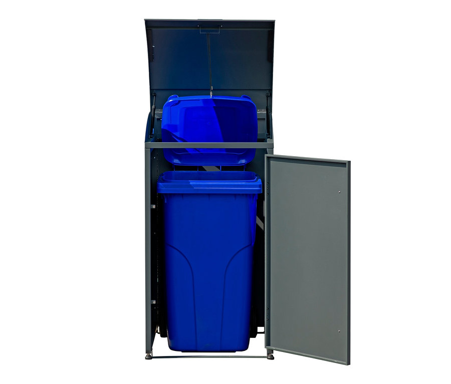 Geöffneter grauer Mülltonnenbox mit blauen Mülltonnen darin.