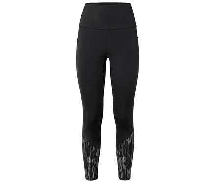 Schwarze Leggings mit hohem Bund und abstraktem Muster an den Hosenbeinen.