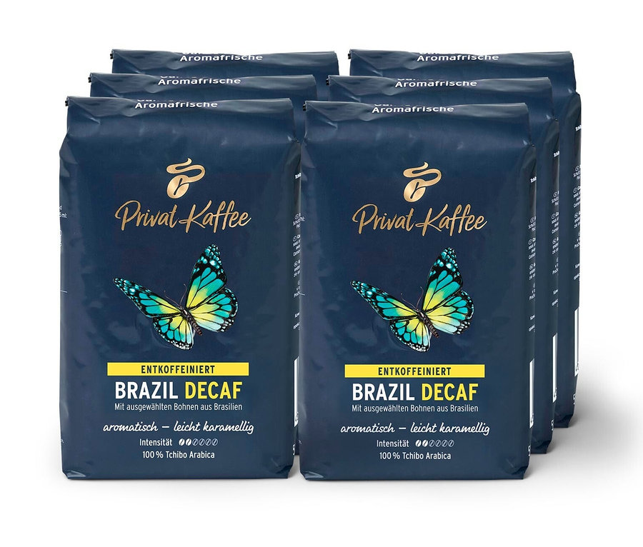 Sechs Packungen Privat Kaffee Brazil Decaf Kaffeebohnen.