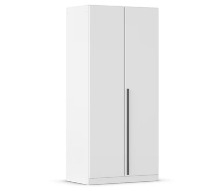 Ein weißer Kleiderschrank mit zwei Türen und einem schmalen, vertikalen Griff.