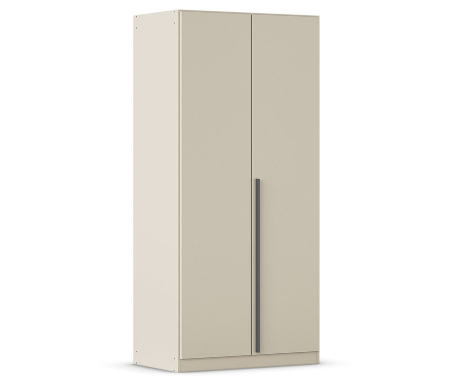 Beiger Schrank mit Doppeltüren und schmalem, senkrechtem Griff.