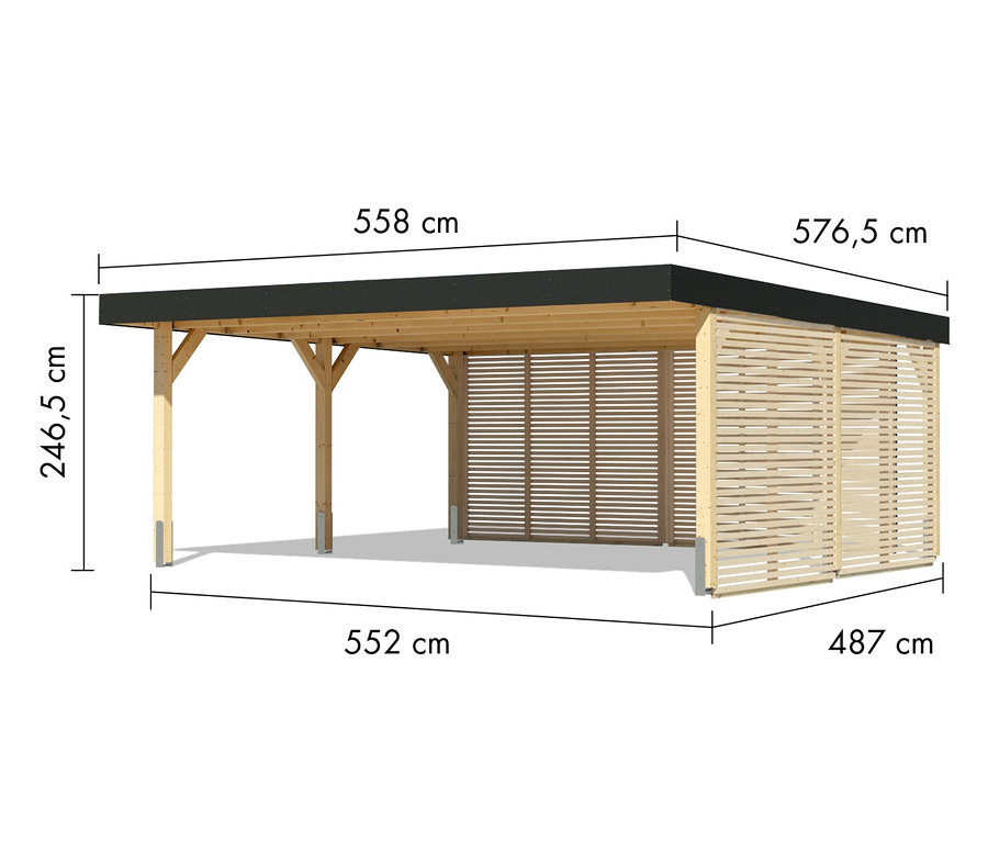 Illustration eines Karibu Doppel-Carports mit Bemaßung.