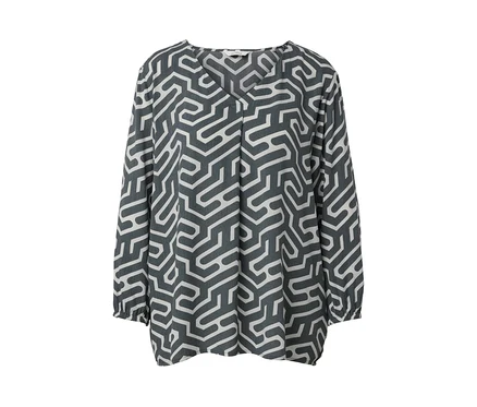 Graue Bluse mit weißem geometrischem Muster in Crinkle-Optik.