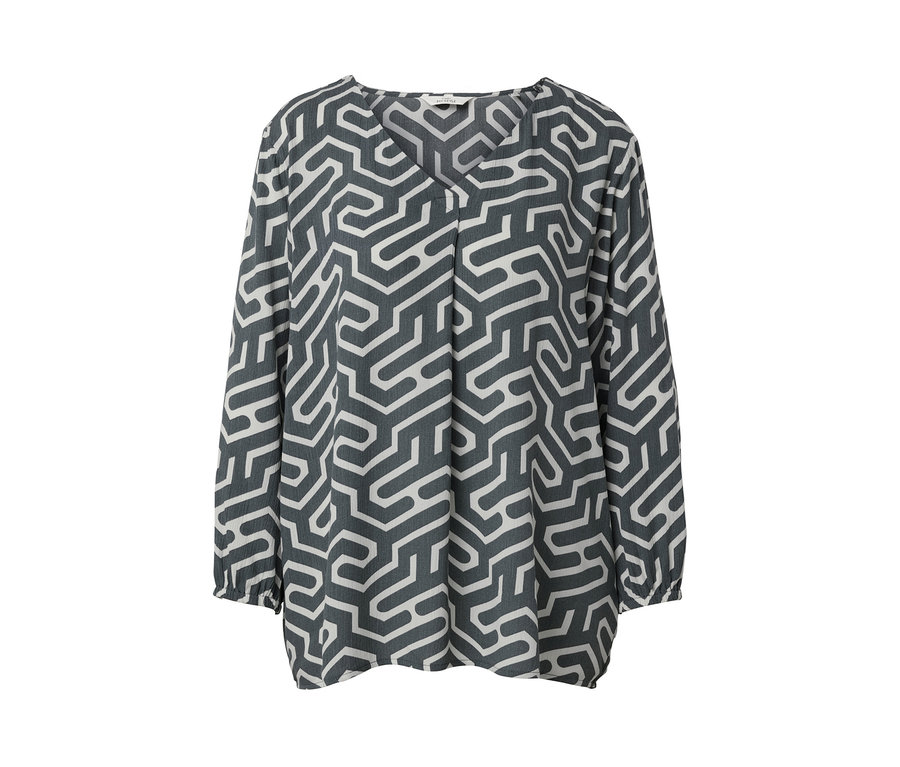 Graue Bluse mit weißem geometrischem Muster in Crinkle-Optik.
