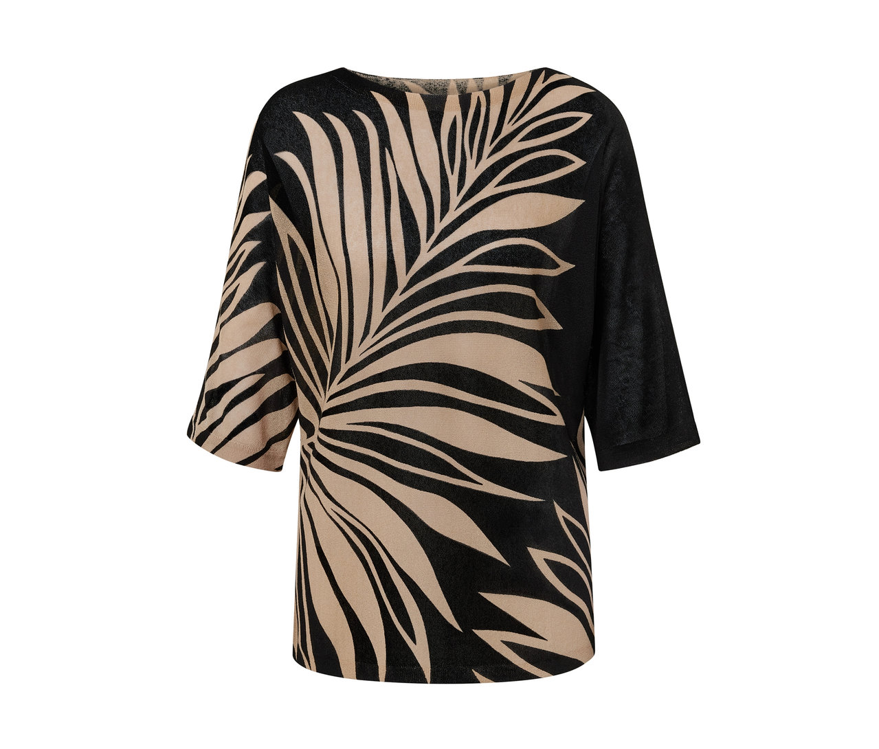 Detailansicht eines bedruckten Feinstrickpullovers.