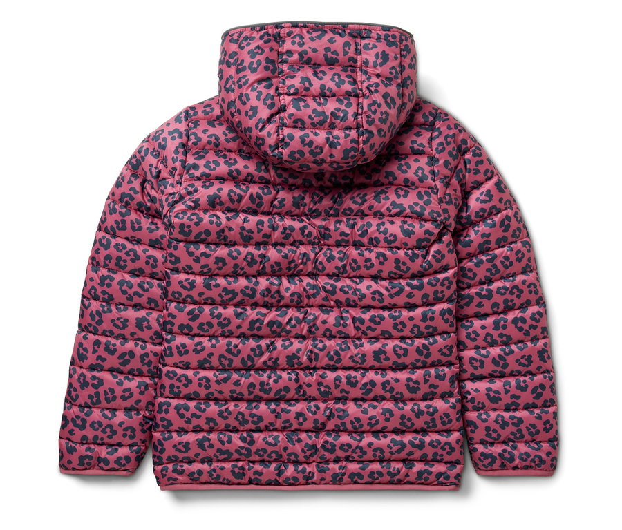 Rosa 2-in-1 Kinder-Softshell- und Steppjacke mit Kapuze und dunkelblauem Tiermuster, Rückansicht.