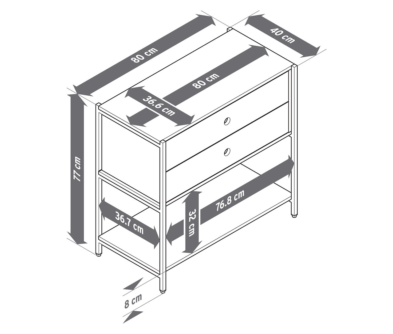 Diagramm einer Kommode »KLAAR« mit 2 Schubladen und einem Regal mit eingezeichneten Maßen.