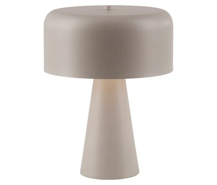 Beige Tischlampe mit konischem Fuß und zylindrischem Schirm.