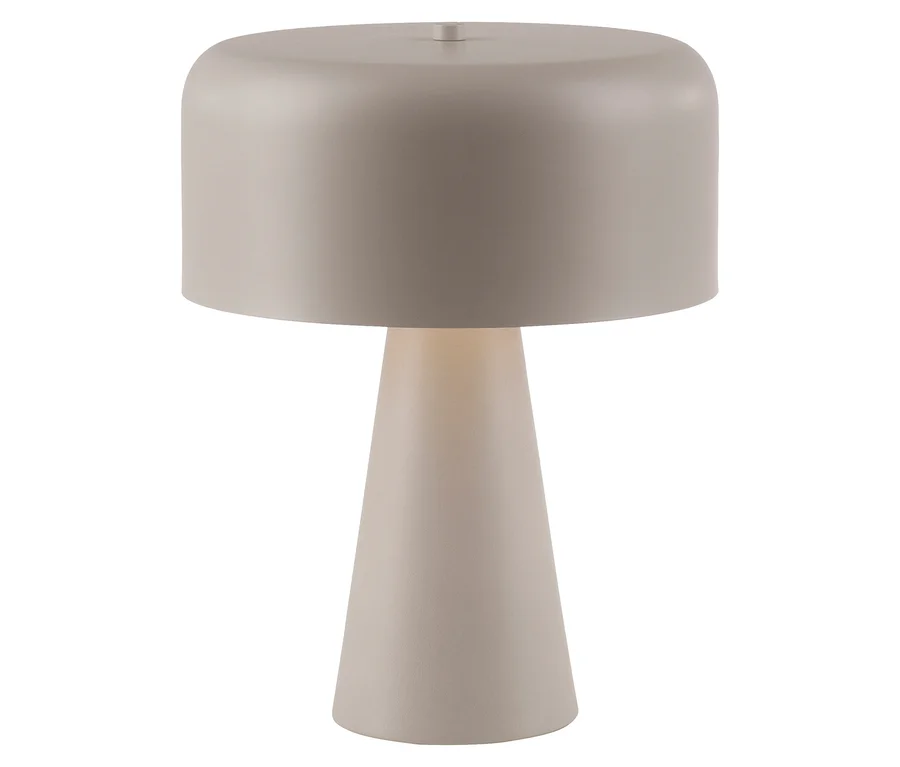 Beige Tischlampe mit konischem Fuß und zylindrischem Schirm.