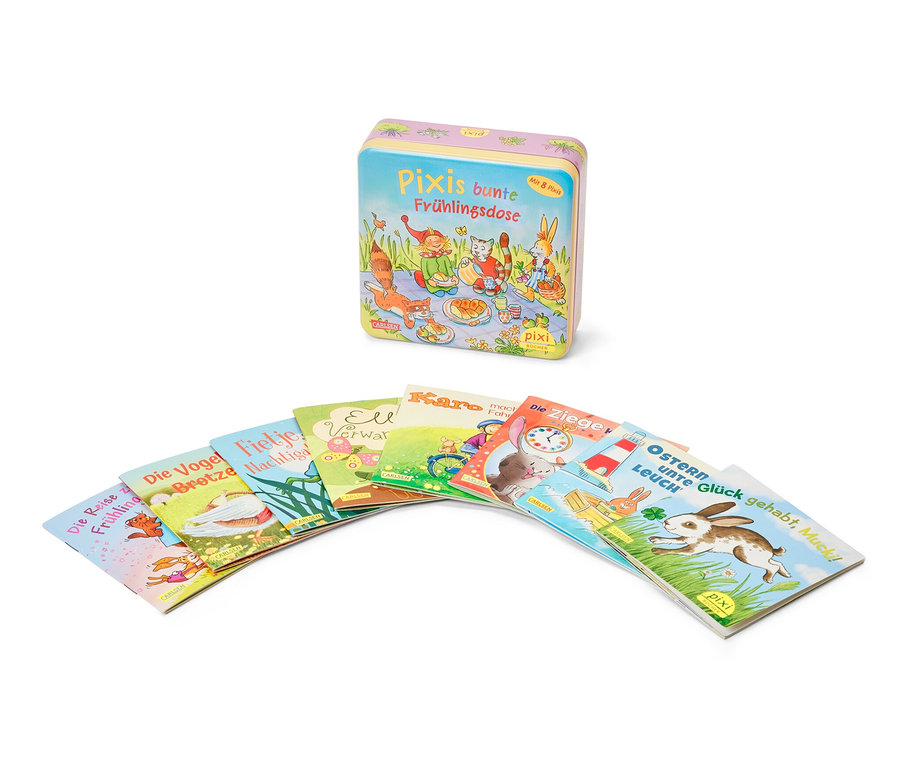 Eine Metallbox mit dem Bücher-Set »Pixis bunte Frühlingsdose« und sieben Pixi-Bücher sind bogenförmig angeordnet.