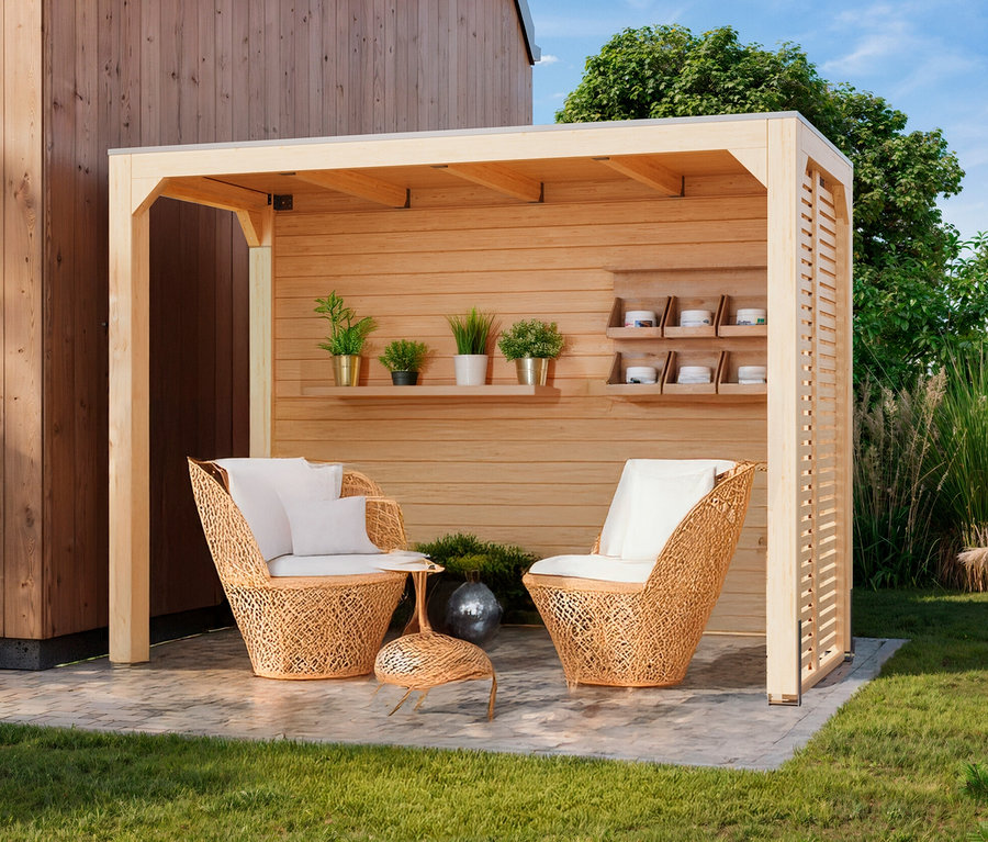 Zwei Korbsessel mit weißen Kissen und ein kleiner Tisch stehen in einem Karibu Pavillon »Markaska«.