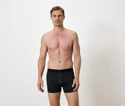 Mann mit freiem Oberkörper posiert in schwarzen Boxershorts.