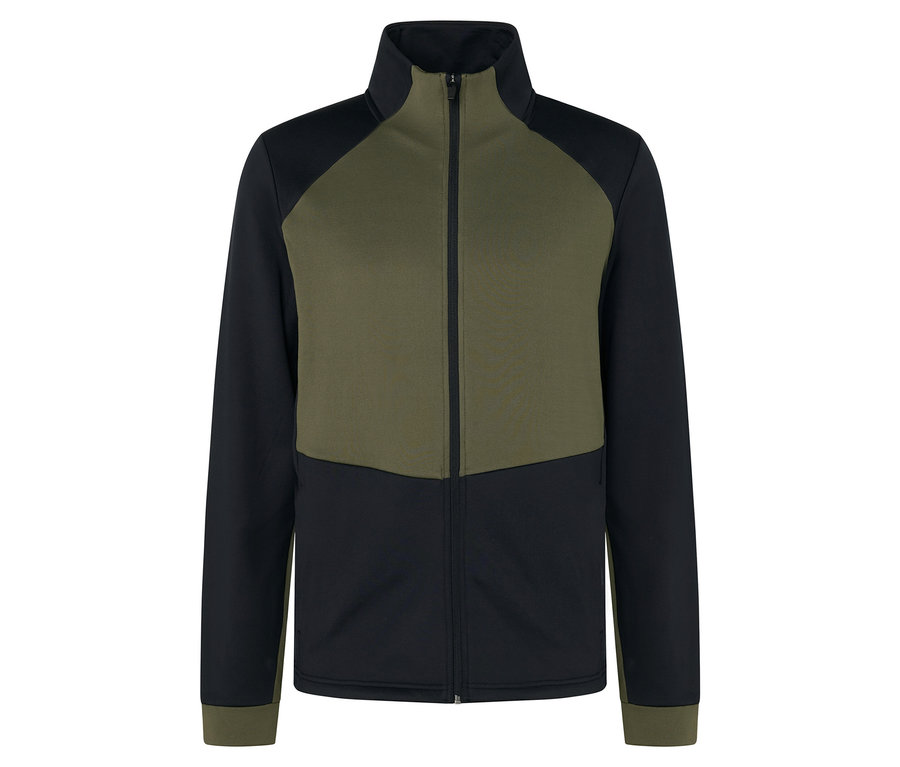 Grüne und schwarze Reissverschlussjacke.