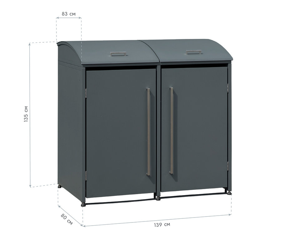 Graue Mülltonnenbox, 2er mit Maßangaben.