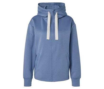 Eine blaue Kapuzenjacke mit durchgehendem Reißverschluss und weißen Kordeln.