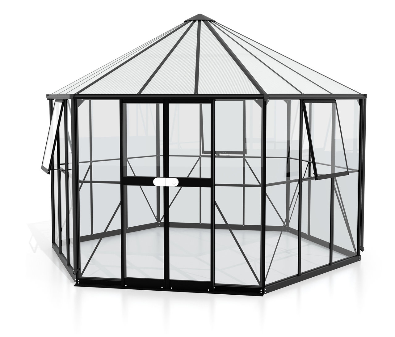 Das schwarze Vitavia Gewächshaus Pavillion 9 m² inkl. Fundamentrahmen mit geöffneten Fenstern und einer Tür ist von außen zu sehen.