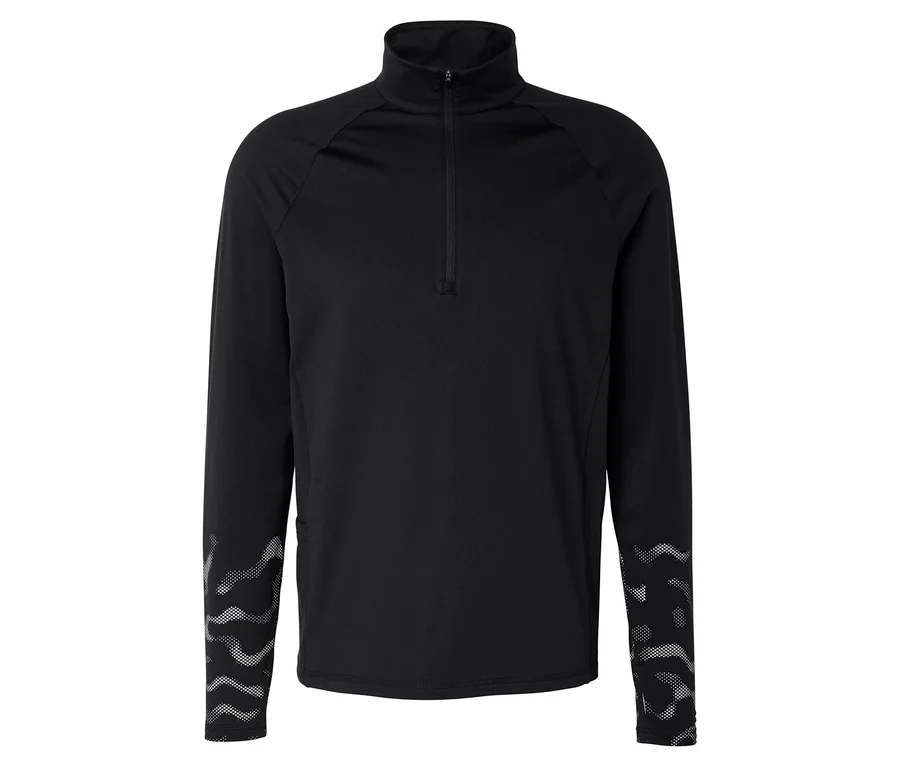 Schwarzes langärmeliges Thermo-Sportshirt mit Half-Zip-Kragen und reflektierenden Wellenmustern an den unteren Ärmeln.