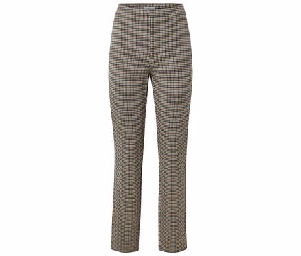 Eine Hose mit braunem und schwarzem Karomuster ist auf einem weißen Hintergrund zu sehen.