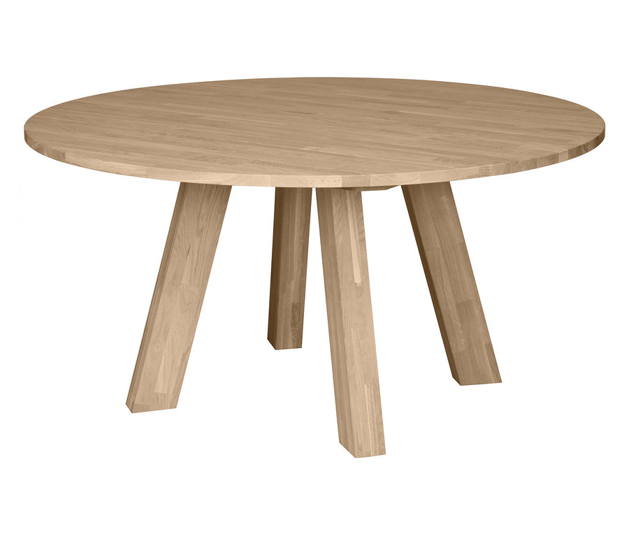 Freistehender, runder Woood »Rhonda« Esstisch, ca. 150 cm, mit drei hellbraunen, stämmigen Tischbeinen.