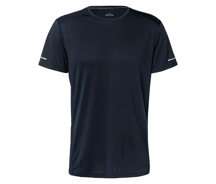 Dunkelblaues T-Shirt mit kurzen Ärmeln und reflektierenden Streifen an den Ärmeln.
