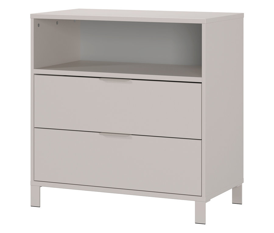 Ein hellgraues Sideboard mit zwei Schubladen und einem offenen Fach.