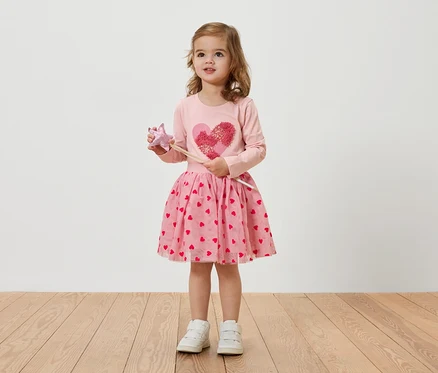 Ein kleines Mädchen mit blonden Haaren trägt ein rosa Herzchenkleid und hält einen Zauberstab.