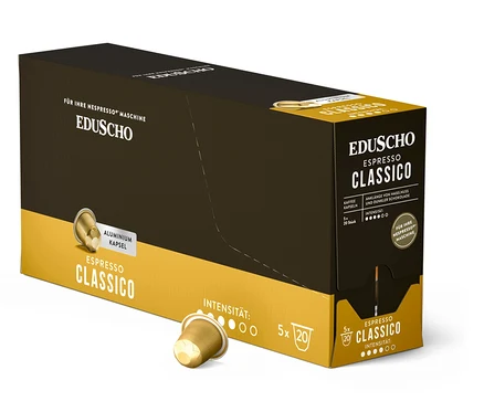 Eine offene, braun-goldene Packung Eduscho Espresso Classico Kaffeekapseln mit einer einzelnen Kapsel davor.