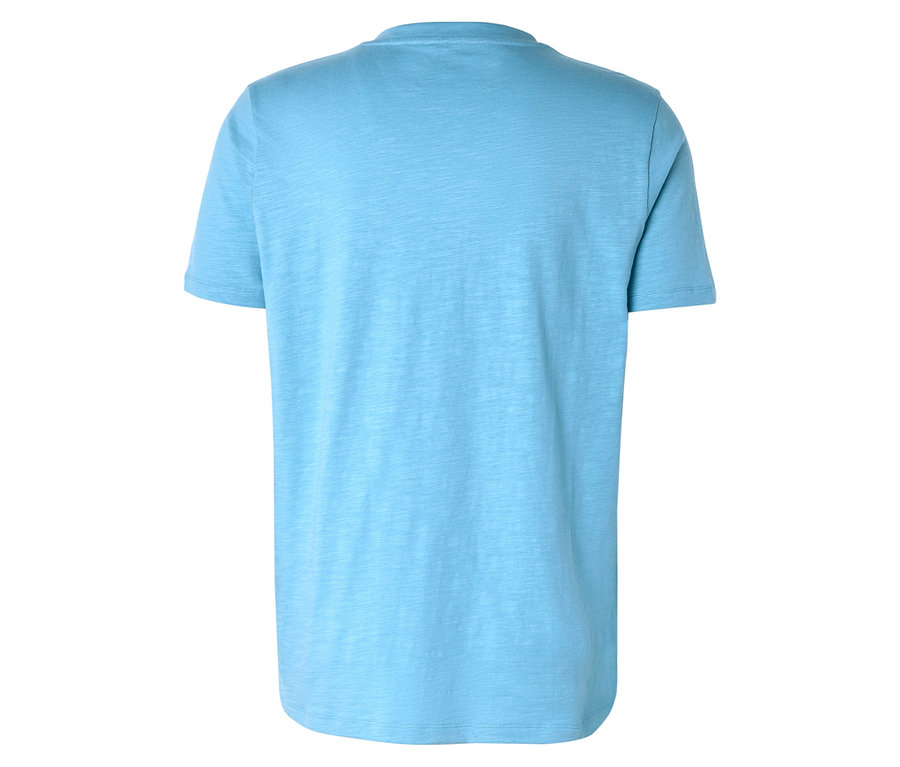 Rückansicht eines hellblauen T-Shirts.