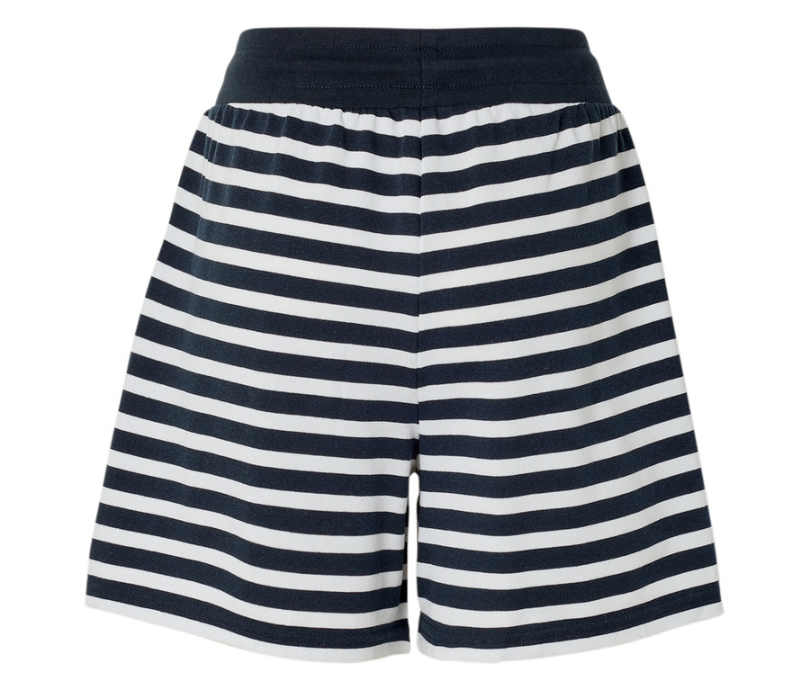 Gestreifte, kurze Hose mit marineblauen und weißen horizontalen Streifen.