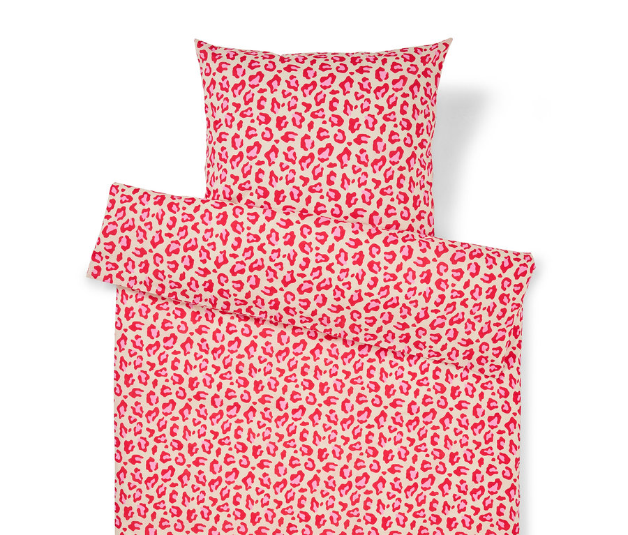 Bettwäsche-Set mit rotem und pinkem Leopardenmuster, bestehend aus Kissen- und Deckenbezug.