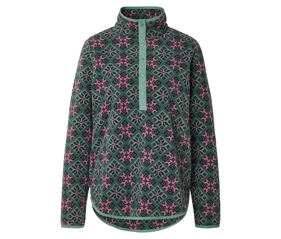 Grün-rosa gemusterter Fleecepullover mit Knopfleiste am Kragen.