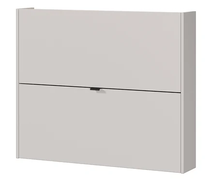 Ein grauer Schuhschrank mit zwei Fächern und einem schwarzen Griff ist an der Wand befestigt.