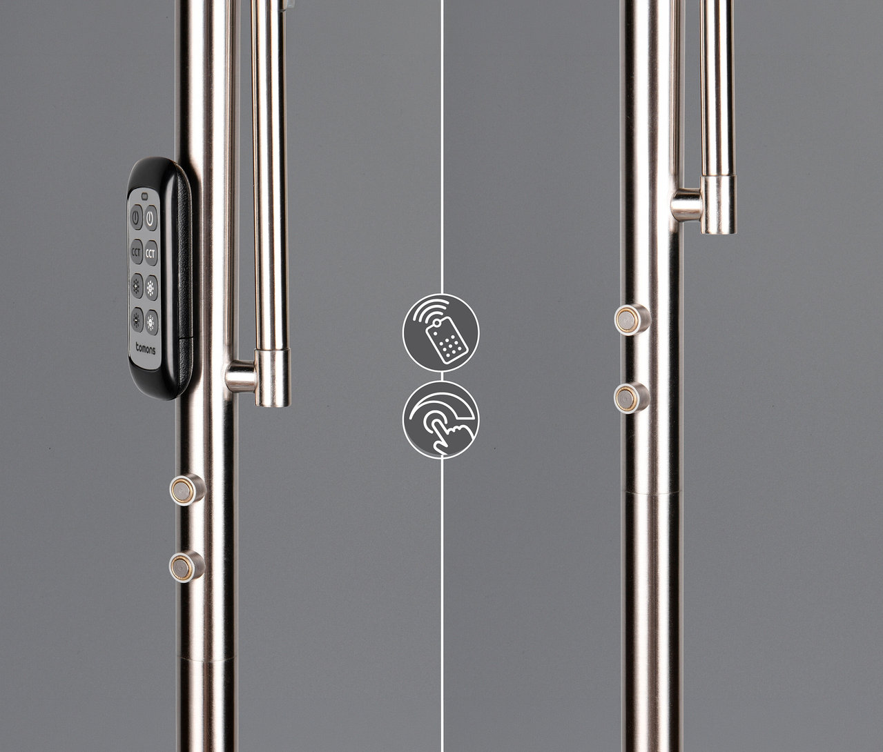 Nahaufnahme der Trio Stehleuchte »Palermo« in Nickelfarben mit Fernbedienung und Touch-Dimmer.