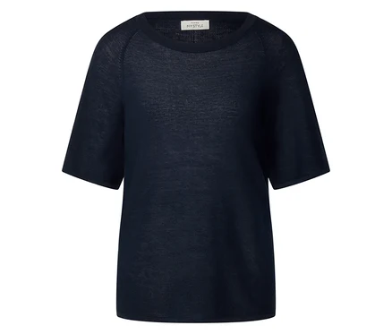 Blaues Kurzarm-T-Shirt mit Rundhalsausschnitt.