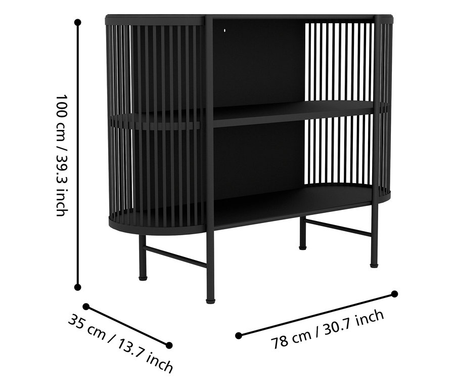 Schwarzes Regal mit drei Ebenen und Maßen.