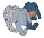 Drei Kinderpyjama-Sets liegen auf einem weißen Hintergrund. Ein Set ist hellblau mit Baufahrzeugen, eines ist blau-weiß gestreift mit einem Baufahrzeug und eines ist blau mit einem Betonmischer.