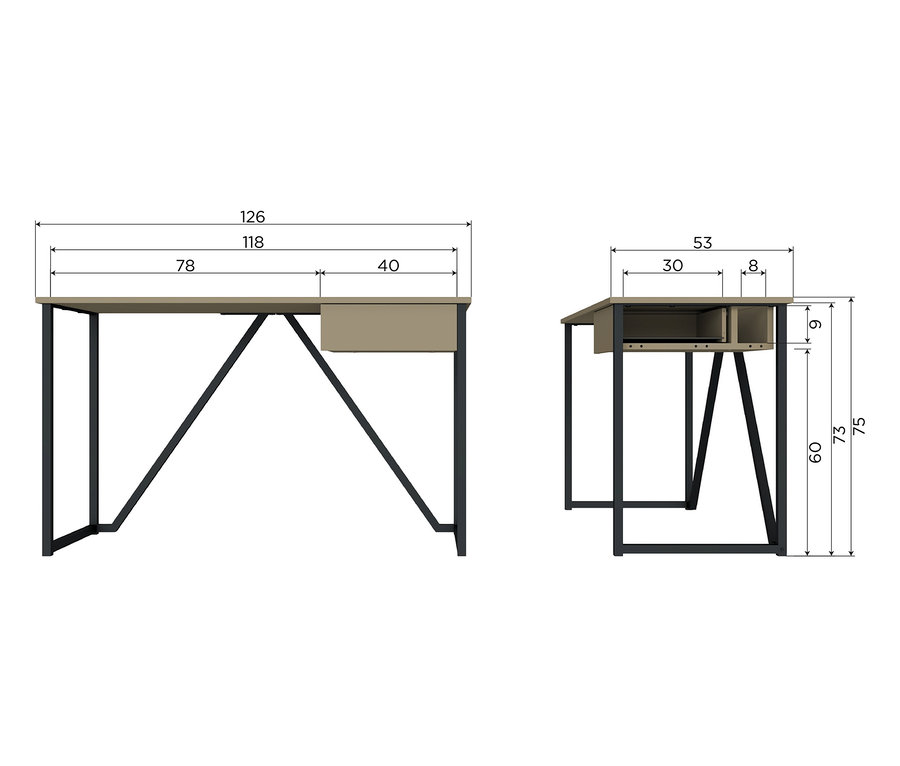 Zwei Ansichten eines Schreibtisches mit Schublade und Maßen.