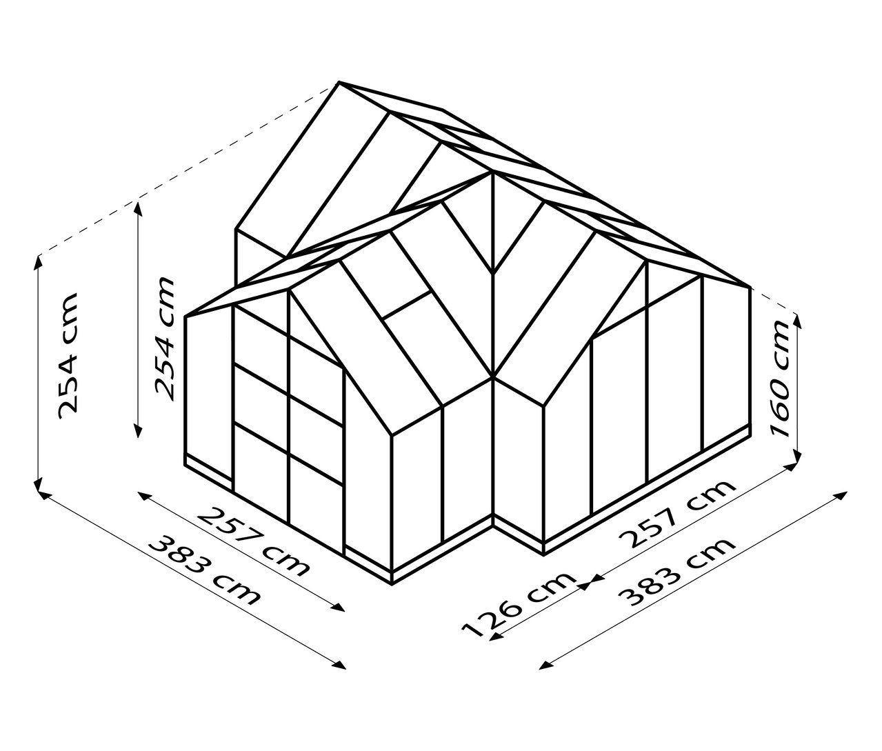 Draufsicht des Vitavia Gewächshauses, 13 m², inklusive Fundamentrahmen, mit Maßangaben.
