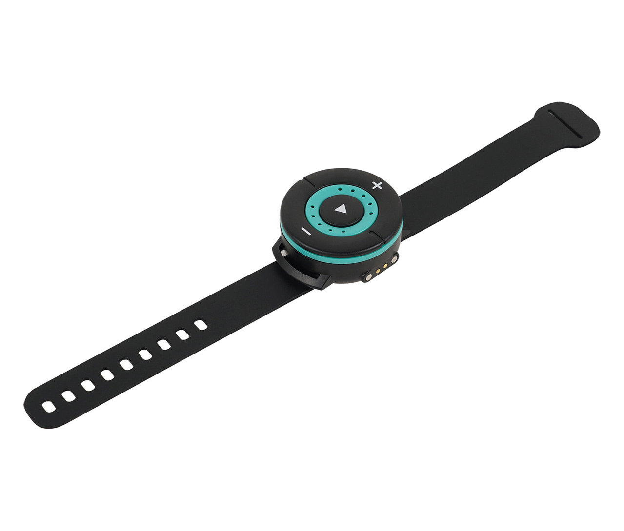 Nahaufnahme der F2 SUP Board Motor »Electric Fin« Fernbedienung mit schwarzem Armband auf weißem Grund.