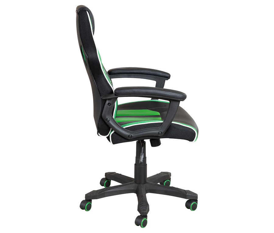 Schwarzer und grüner Bürostuhl mit Armlehnen und Rollen.