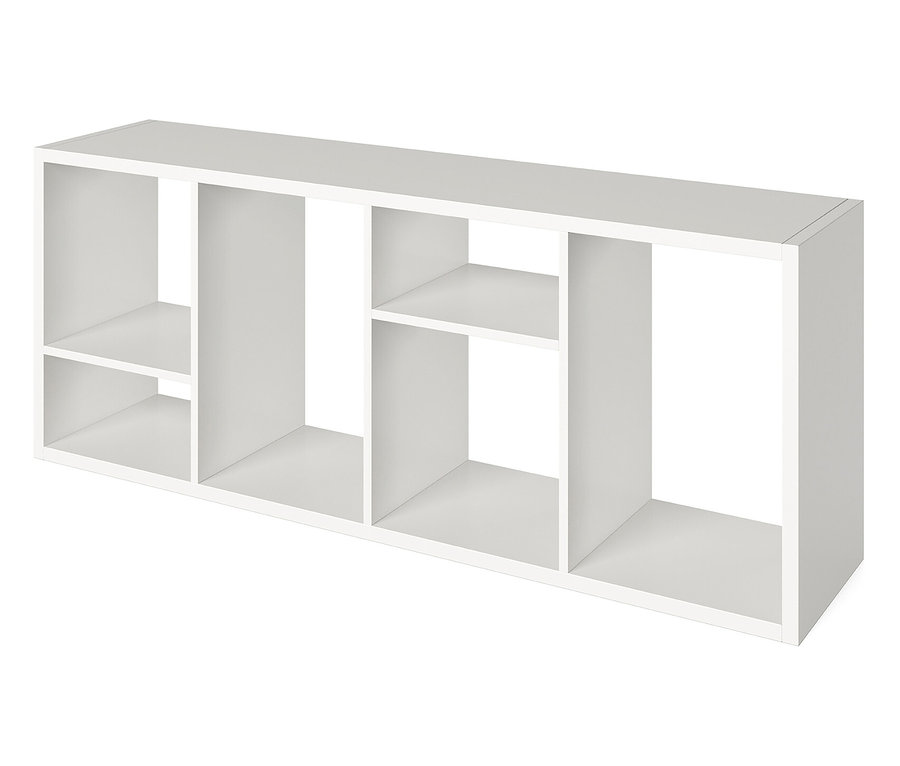 Weißes Regal mit mehreren Fächern.