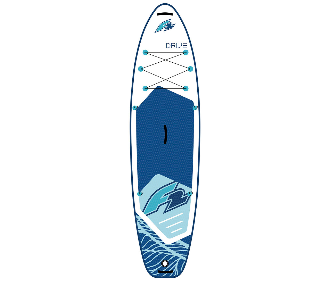 Das F2 SUP Board »Drive«, klein, ist blau und weiß mit einer blauen, rautenförmigen Trittfläche und blauen Bändern, die ein X bilden.