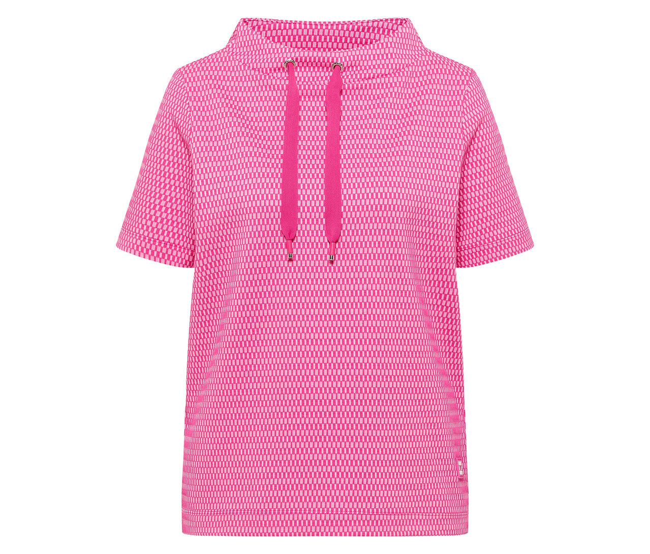 Nahaufnahme des pinkfarbenen CECIL Sweatshirts mit kurzen Ärmeln und Kapuze mit Kordelzug.