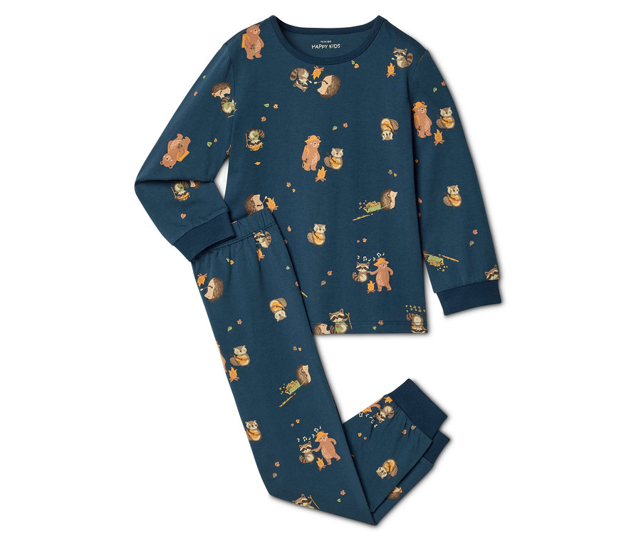 Marineblauer Pyjama mit Bären-, Waschbär- und Igelmuster, bestehend aus einem langärmeligen Oberteil und einer Hose.