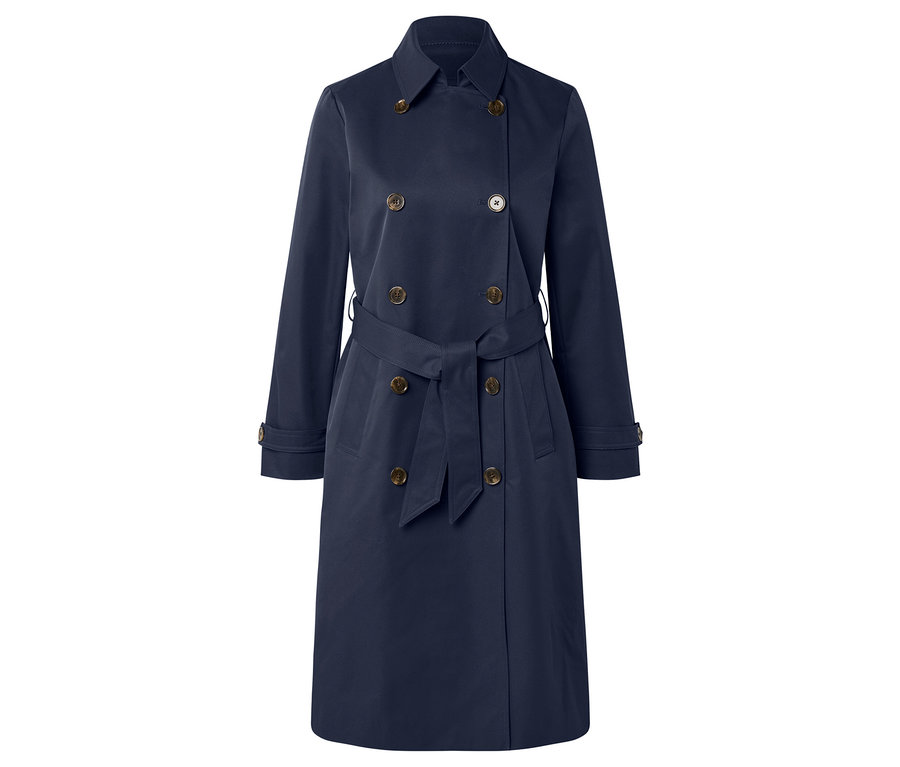 Marineblauer zweireihiger Trenchcoat mit Gürtel.