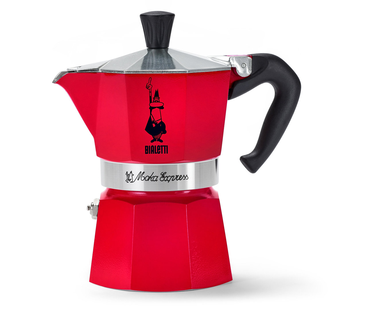 Roter Bialetti Moka Express, 130 ml, auf einem weißen Hintergrund.