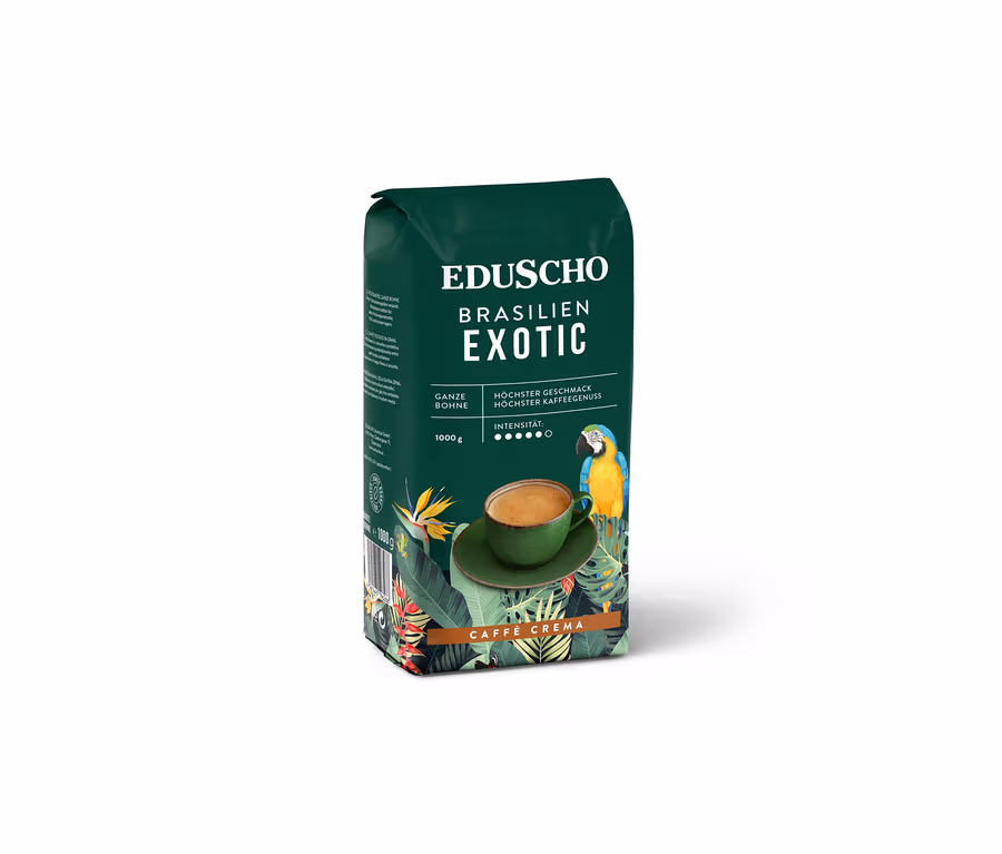 Eine Packung Eduscho Caffè Crema Brasilien Exotic. Auf der Verpackung sind eine Tasse Kaffee und ein Papagei abgebildet.