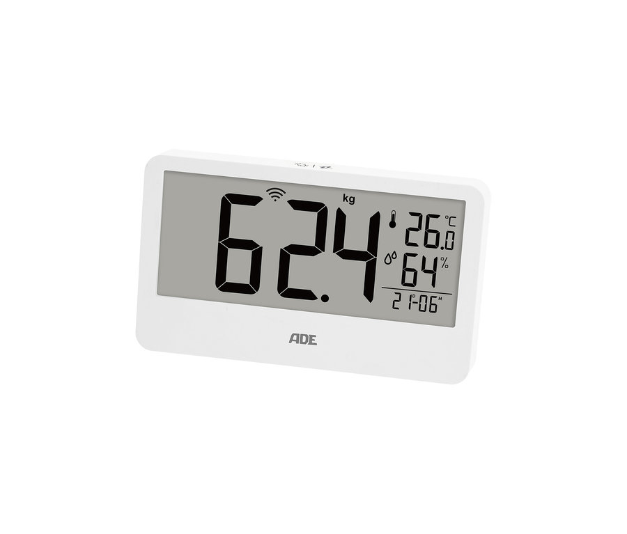 Weiße digitale Personenwaage mit Anzeige von 62,4 kg, 26,0 °C, 64 % Luftfeuchtigkeit und 21:06 Uhr.