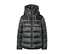 Dunkelgrüne Steppjacke mit hohem Stehkragen, Kapuze und Reißverschluss.